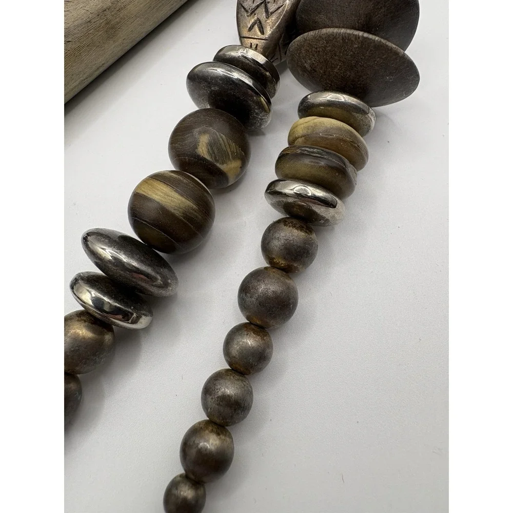 Vtg Designs By Paula Statement Necklace‎ Horn Wood Silver Toned Beads